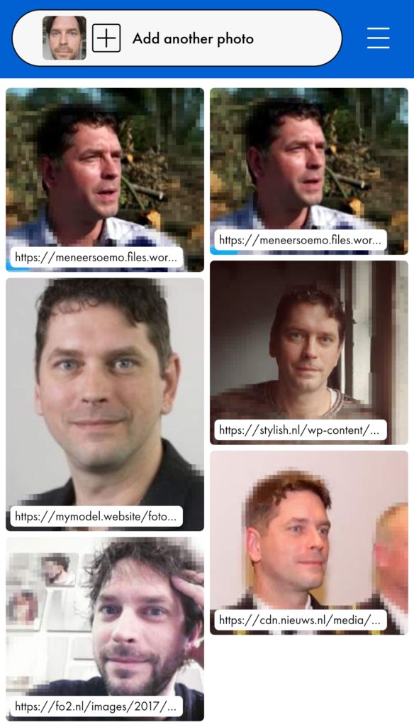 Zoekresultaten van een selfie in gezichtsherkenningssoftware