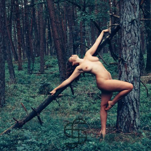 Naaktmodel Noa poseert in het bos